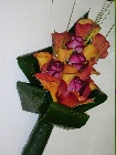 Orange call and red rose sheaf bouquet